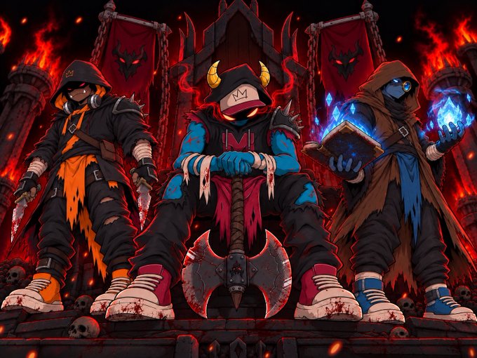 Digital artwork of three hooded fantasy characters (two warriors flanking a central mage-like figure with horns) standing before a burning throne, with a large battle axe in the foreground.