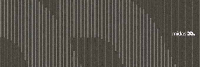 A dark textured surface with vertical ribbed stripes and the 'midas' logo visible on the right side.