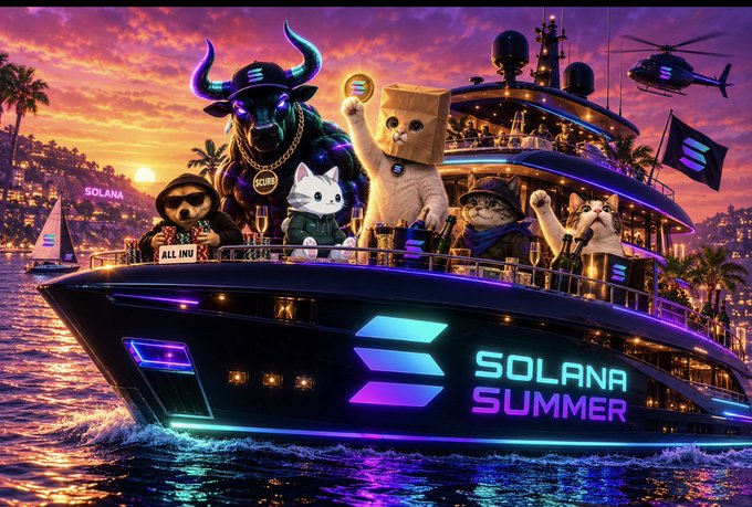 A luxury yacht emblazoned with "SOLANA SUMMER" cruises through a vibrant sunset seascape, packed with anthropomorphic Solana mascots—a bull, cat, and frog—tossing SOL coins alongside a helicopter overhead. The scene visually channels the post's "SOLANA SUMMER" tagline, evoking a lavish, meme-driven crypto celebration.