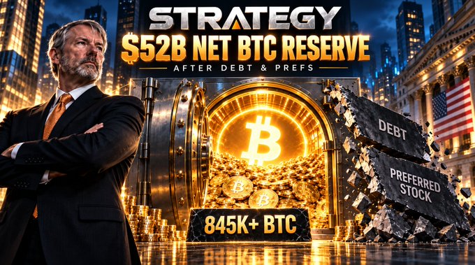 A promotional image for "STRATEGY" displaying "$52B NET BTC RESERVE" with a vault overflowing with Bitcoin, alongside figures of "845K+ BTC" and labels for "DEBT" and "PREFERRED STOCK."