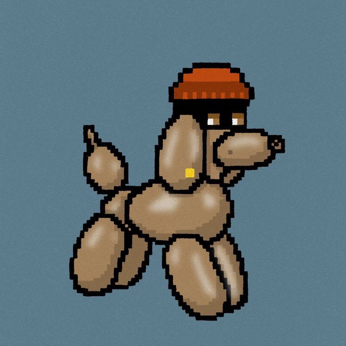 A pixel art balloon poodle wearing a red knit cap and a yellow collar tag stands against a blue-gray background, fitting the "OK Poodles" NFT collection promotion for an upcoming sold-out mint.