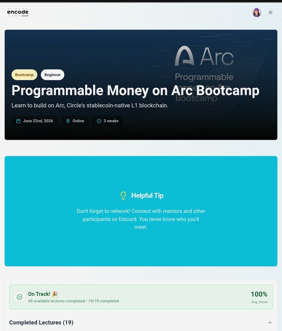 Screenshot of the Encode Club bootcamp page titled 'Programmable Money on Arc Bootcamp' for learning to build on Circle's Arc blockchain, showing a 'Helpful Tip' and 100% completion of 19 lectures.