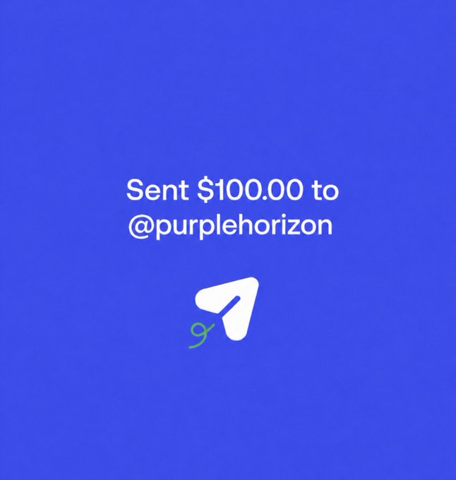 A digital receipt confirming a $100.00 payment sent to @purplehorizon, displayed on a blue background with a paper airplane icon. The image serves as proof of payment for one of the winners of the $400 SOL airdrop being given away.