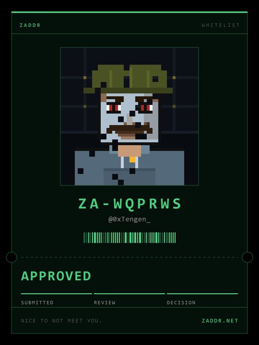 A digital ID card from ZADDR showing a pixel art character with green hair, red eyes, and a beard, marked 'APPROVED' with ID 'ZA-WQPRWS' and handle '@oxTengen_'.