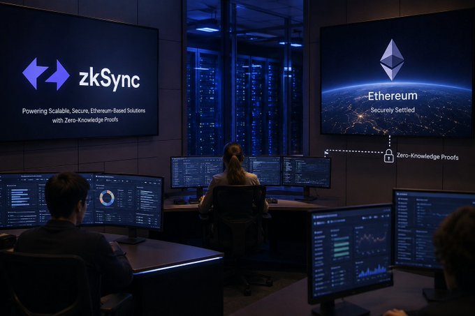 The image depicts an office environment with multiple computers, desks with monitors, and people working at the desks using their computers. In the foreground of the image, there's a woman seated at her computer, possibly performing tasks related to cryptocurrency and blockchain technology development or data analysis. Other people can be seen in various parts of the room also working on their computers. The overall atmosphere appears to be focused and productive. The post about Zksync, being an institutional story around this particular company, suggests that the largest financial institutions are involved in the development of this cryptocurrency platform. This involvement could mean a certain level of credibility and expertise when it comes to handling sensitive data or conducting transactions on the blockchain network.