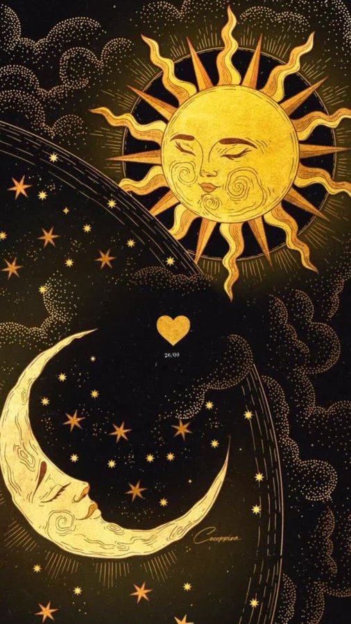 A gold and black illustration of a sun and crescent moon with faces, stars, and a heart with the text '26.08'.