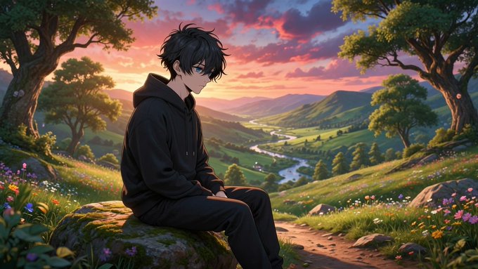 An anime-style illustration of a young man with dark hair and blue eyes sitting on a rock, overlooking a scenic valley with a river at sunset.
