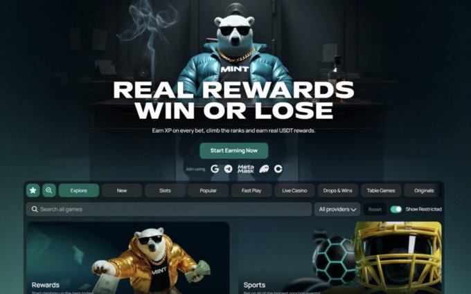 A website homepage featuring a bear mascot in sunglasses and a gold chain, promoting 'REAL REWARDS WIN OR LOSE' for MINT, with a 'Start Earning Now' button and a game selection menu below.