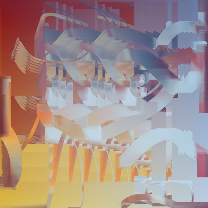An abstract digital artwork featuring overlapping translucent geometric shapes, curved ribbons, and architectural elements in warm orange, yellow, red, and cool blue tones.