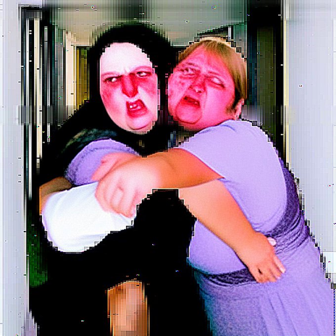 Glitchy, pixelated image showing two distorted faces—one with dark hair and an angry expression, the other crying in a purple shirt—appearing to embrace in a hallway.
