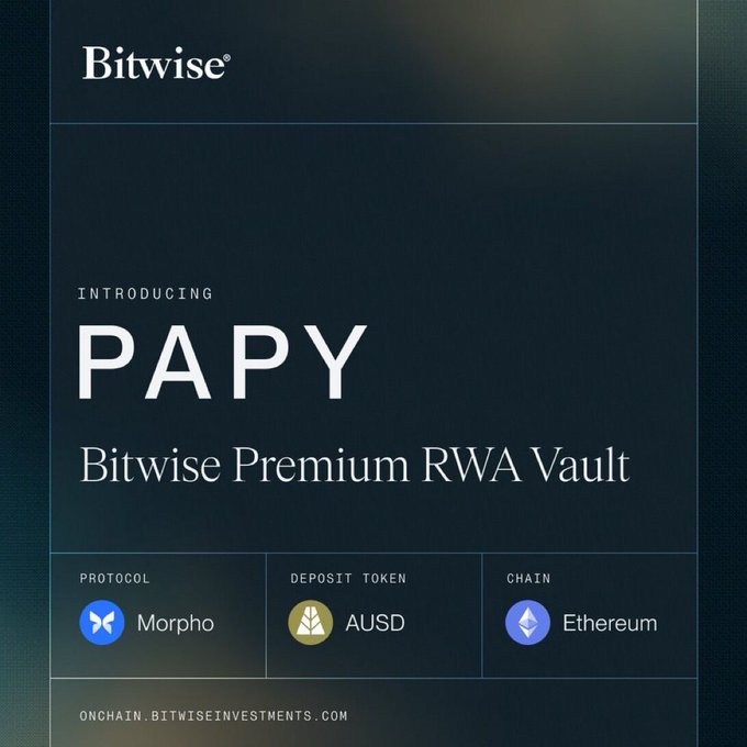 A Bitwise promotional graphic announcing the launch of "PAPY - Bitwise Premium RWA Vault," built on the Morpho protocol using AUSD as the deposit token on the Ethereum chain, with the link onchain.bitwiseinvestments.com.