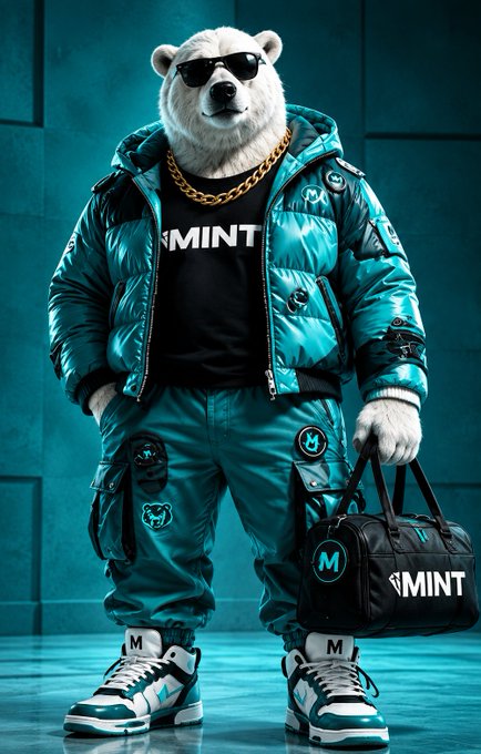 An AI-generated image of a polar bear wearing sunglasses, a gold chain, and a teal puffer jacket, posing with a bag labeled 'MINT'.