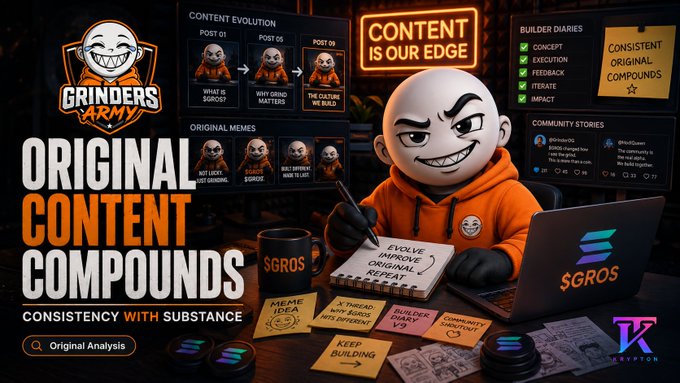 A promotional graphic for 'GRINDERS ARMY' with the tagline 'ORIGINAL CONTENT COMPOUNDS' and 'CONSISTENCY WITH SUBSTANCE', showing an animated character writing at a desk with various social media and content creation elements displayed.