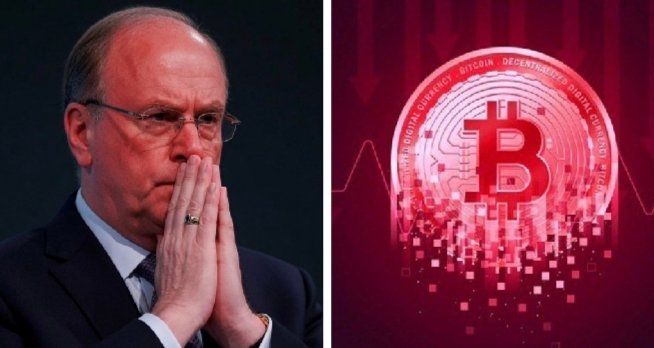 The image shows a contemplative man in a suit with hands clasped on the left, paired with a red-tinted Bitcoin graphic displaying words like "digital currency," "Bitcoin," and "decentralized" on the right. The composition visually reinforces the post's message about BlackRock's spot Bitcoin ETF offloading $122.7 million in BTC, highlighting the institutional selling pressure juxtaposed with Bitcoin's resilience in absorbing such large moves.
