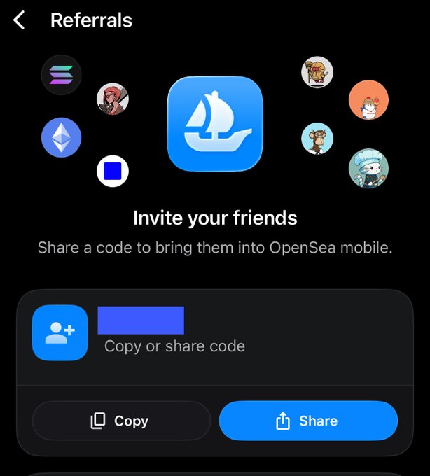 A screenshot of an OpenSea mobile app 'Referrals' page showing the OpenSea ship logo, the text 'Invite your friends - Share a code to bring them into OpenSea mobile,' and buttons to Copy or Share a referral code.