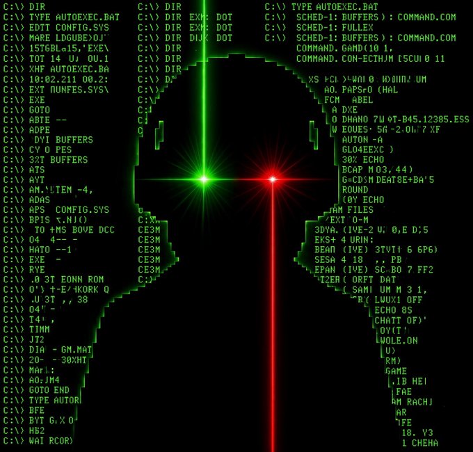 A digital artwork featuring a glowing red and green crosshair in the center, surrounded by cascading green code text reminiscent of The Matrix, with DOS-style command lines like 'C:\> DIR' and 'AUTOEXEC.BAT' forming the silhouette of two faces in profile.