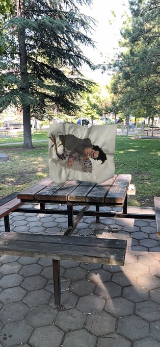A tote bag or folded fabric featuring a printed image of a cat appears to float in mid-air above a wooden picnic table in a park. The surreal "exhibition element" likely refers to the optical illusion created by the photograph, suggesting it is an art piece being sold for 88 XTZ (Tezos cryptocurrency), as mentioned in the accompanying post.