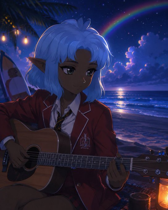An anime illustration of a blue-haired elf girl with pointed ears playing an acoustic guitar on a beach at night, wearing a red school blazer, with a rainbow and moonlit ocean in the background.