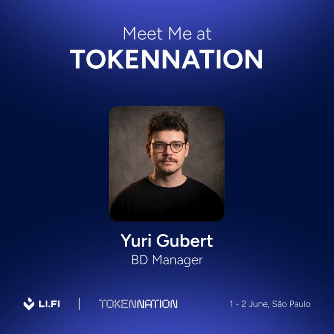 The image features a man wearing glasses with his face displayed against a blue background. The text "Meet Me at tokensnation" is written above him, indicating that he is being introduced as a token manager for tokensnation. The image also includes information about an upcoming event in São Paulo on June 1st and 2nd, where the token manager will be present to discuss crypto, infra, payments, intents, cross-chain, or just say hi.