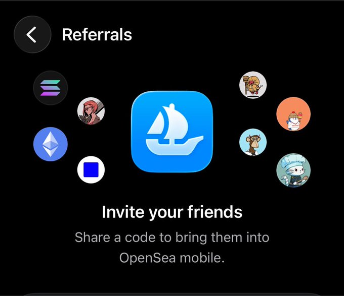 OpenSea mobile app's Referrals screen displays 'Invite your friends' with the message 'Share a code to bring them into OpenSea mobile,' surrounded by circular NFT avatars.