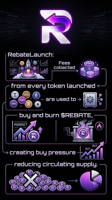 A black-and-purple Rebate crypto infographic explaining “RebateLaunch,” token launches, fees, buying and burning “$REBATE,” and reducing circulating supply.