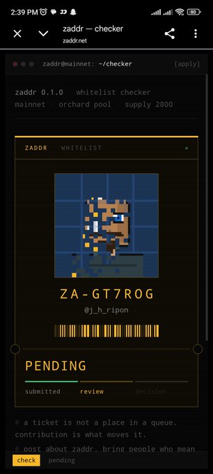 A mobile screenshot of the zaddr.net checker interface showing a whitelist review for 'ZA-GT7ROG' by @j_h_ripon, with status marked as 'PENDING' and featuring a small pixelated character avatar.