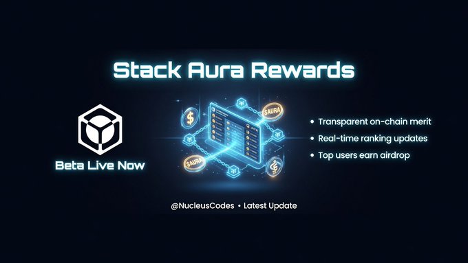 A promotional graphic titled "Stack Aura Rewards" announcing the beta launch, featuring a stylized laptop icon, dollar signs, and AURA coin visuals alongside bullet points highlighting "Transparent on-chain merit," "Real-time ranking updates," and "Top users earn airdrop," credited to @NucleusCodes as the latest update.