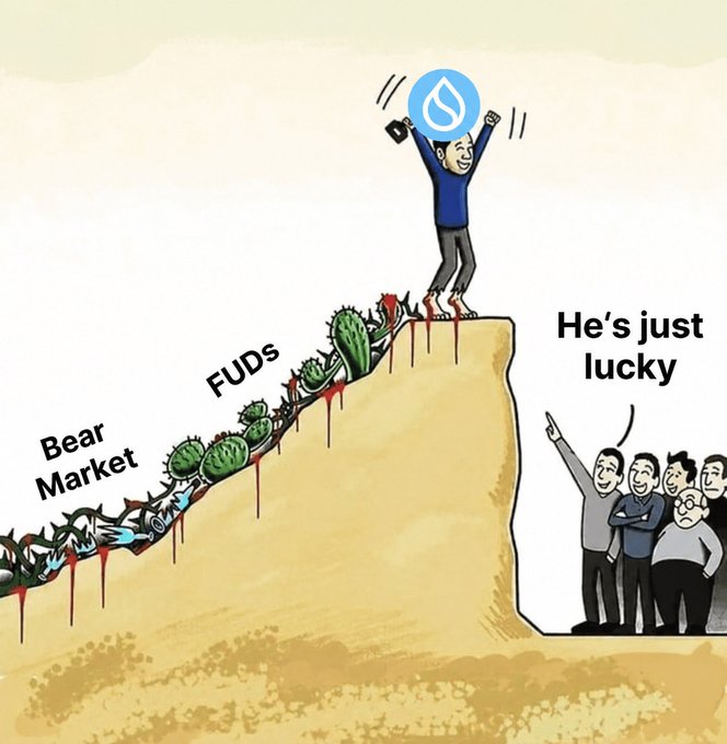 The cartoon depicts a triumphant figure holding a SUI token atop a cliff, having climbed past thorns labeled "Bear Market" and "FUDs" while bleeding, as onlookers dismiss him saying "He's just lucky." The image mirrors the post's message of perseverance through bearish conditions and FUD, celebrating the poster's loyalty through SUI's price journey from $0.35 to $0.68 and anticipation of $100.