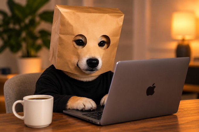 A dog wears a brown paper bag over its head with cut-out holes for its eyes while typing on an Apple laptop at a wooden desk, accompanied by a coffee mug. The image playfully illustrates the post's theme of valuing privacy, with the bagged dog symbolizing anonymity—though the irony lies in the visible Apple logo on the laptop, contradicting the concept of privacy.