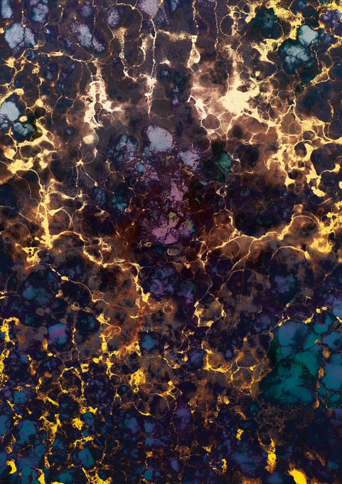 An abstract textured image featuring dark purple and teal cellular patterns interlaced with golden web-like veins and bright highlights.