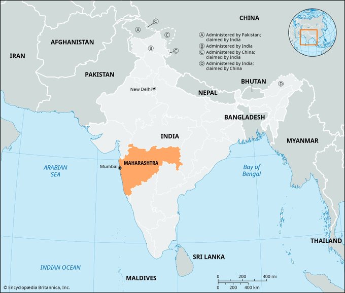 A map of South Asia highlighting Maharashtra state in orange within India, showing neighboring countries including Pakistan, China, Nepal, Bangladesh, Myanmar, Sri Lanka, and disputed territories in Kashmir.