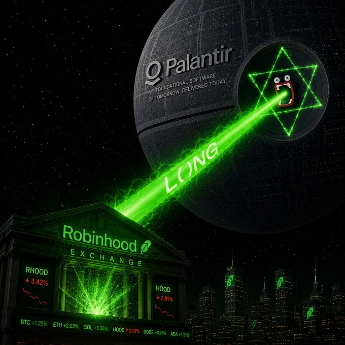 A stylized "Death Star"-like sphere branded "Palantir" fires a green "LONG" laser beam across the night sky into a Robinhood Exchange building displaying tickers RHOD (-3.42%), HOOD (-2.91%), and various crypto assets, visually echoing the post's bullish "LONG" sentiment toward the Palantir-backed $GOYBEAM token on Robinhood.