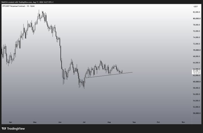 A TradingView daily candlestick chart of the BTCUSDT perpetual contract shows Bitcoin's price action from April through August 2026, ranging roughly between $52,000 and $86,000, with a rising trendline drawn beneath recent consolidation near $62,000–$66,000 — illustrating the "bullish PA or liquidity build up" question posed for $BTC.