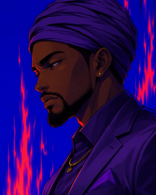A stylish digital illustration of a bearded man in a purple turban and suit with gold jewelry, set against a vibrant blue background with red accents. The serene, confident profile complements the peaceful "good morning" greeting, evoking a calm and stylish start to Sunday.