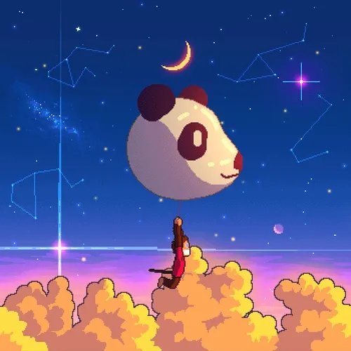 The image features a panda bear floating in space, with stars and planets surrounding it. The panda bear appears to be holding onto a person who is also floating in the air above clouds of yellow color. The background includes a night sky filled with stars and planets, creating an otherworldly atmosphere. The caption "On Ch Tuesday we !"CHIMP Say it back if you still believe in NFTs" suggests that this image might be related to a post about digital art or space exploration, possibly featuring the panda bear as a symbol of creativity or imagination.