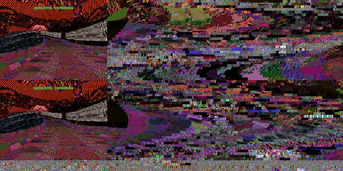 A heavily corrupted, glitched image displaying fragmented digital artifacts in various colors (red, green, black, purple), with partial text "SHARKFEST 1994" and "SHARK WEEK" visible among the distorted pixels.