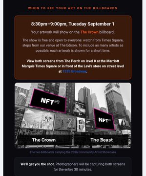 An announcement detailing when to see art on the billboards, listing '8:30pm-9:00pm, Tuesday September 1' at 'The Crown billboard' at 1655 Broadway, showing two billboard images labeled 'The Crown' and 'The Beast'.