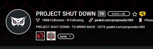 A profile banner for 'PROJECT SHUT DOWN' showing 1056 followers, linking to a PeakD proposal to bring the project back (peakd.com/proposals/383).