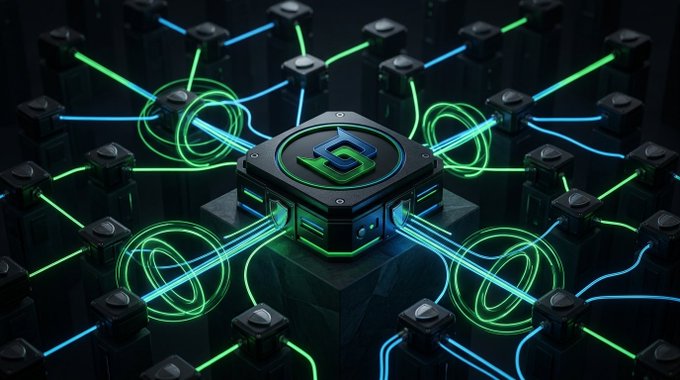 A 3D render of a central black tech hub with a green "G" logo, connected by glowing green and blue data lines to surrounding server towers.