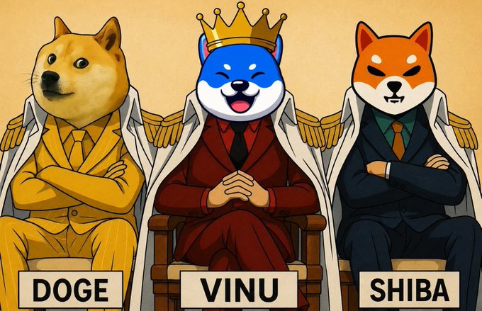 Cartoon illustration of three dog characters labeled 'DOGE', 'VINU', and 'SHIBA', with VINU wearing a crown and red robe in the center.