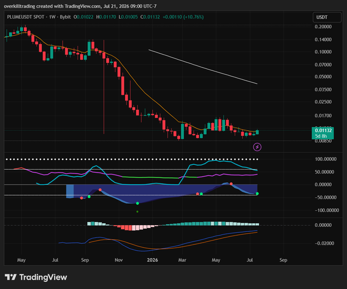 A weekly TradingView chart of PLUME/USDT on Bybit shows the token at $0.01132 (+10.76%), with price stabilizing near a key support zone around $0.00890–$0.01170 after a prolonged downtrend from $0.14, supporting the post's bullish "$PLUME is ready" sentiment.