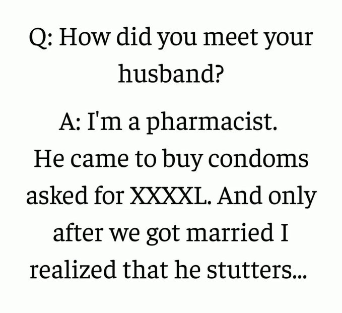 A text meme shows a joke Q&A: “How did you meet your husband?” The pharmacist answers that he came to buy condoms, asked for “XXXXL,” and she discovered after marriage that he stutters—tying into the post’s giveaway raffle instructions for “$150 USDT,” with a random draw in 12 hours.