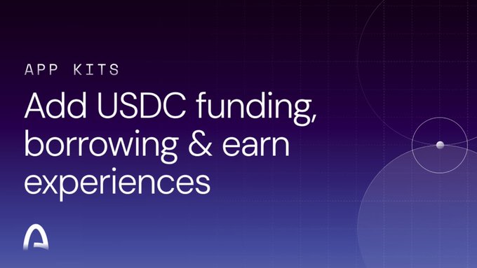 A blue gradient slide reads 'APP KITS' at the top, followed by the text 'Add USDC funding, borrowing & earn experiences' in white, with a stylized 'A' logo at the bottom left.