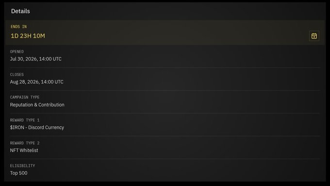 The image displays campaign details for the $IRON Discord currency reward on Nucleus, showing it ends in 1 day 23 hours 10 minutes and closes Aug 28, 2026, with eligibility limited to the top 500 contributors.

The accompanying post highlights the urgency of this same campaign, emphasizing the final two-day window for users to participate and qualify for the NFT Whitelist and $IRON rewards based on reputation and quality contributions.
