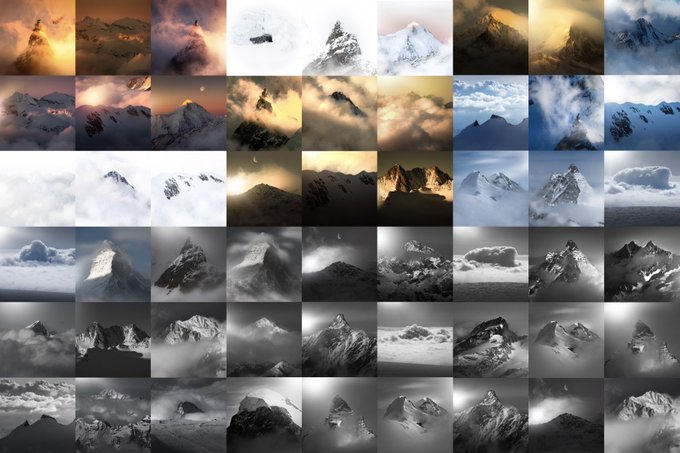 A grid collage of approximately 48 artistic photographs depicting mountain peaks, clouds, and atmospheric scenes in various color palettes, including warm orange tones, cold blues, and monochrome black and white.