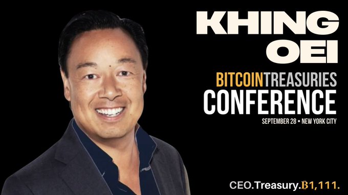 A promotional image featuring Khine Oei, CEO of Treasury.B1,111., for the "Bitcoin Treasuries Conference" on September 28 in New York City.
