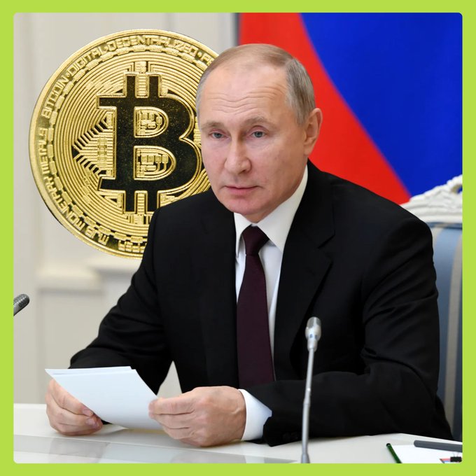 Russian President Vladimir Putin is shown with a prominent Bitcoin symbol behind him, illustrating Russia's official legalization of crypto with tight regulations effective September 1, 2026.