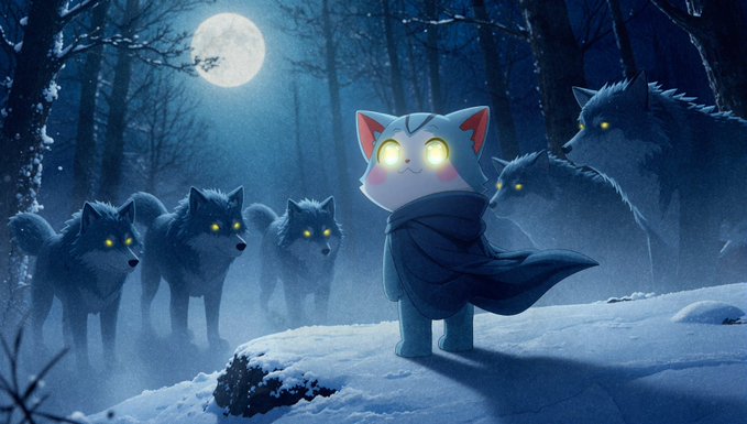 The image features a cartoon cat with green eyes standing in front of a group of wolves. The caption below the image reads "Fear nothing. It's Wen, not if." This phrase is related to the popular Japanese anime series "Wen, Not If".