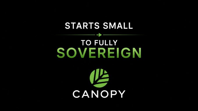 A logo graphic for 'CANOPY' featuring green text 'STARTS SMALL TO FULLY SOVEREIGN' above a green circular leaf logo on a black background.