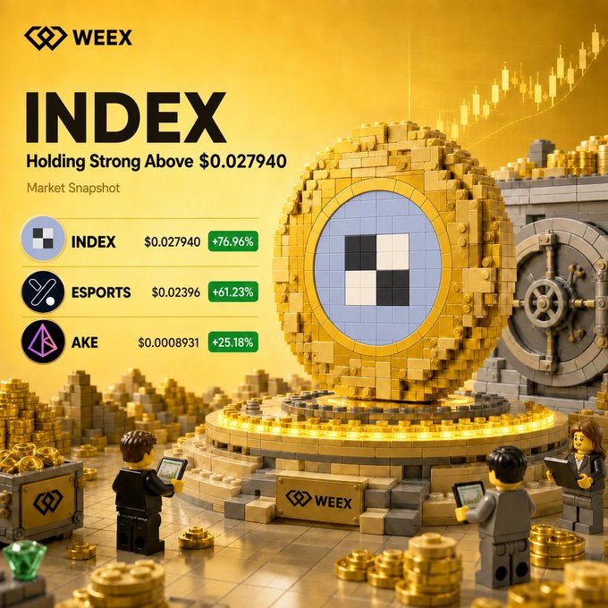 A vibrant WEEX market snapshot highlights INDEX leading with a +76.96% surge to $0.027940, followed by ESPORTS at +61.23% ($0.02396) and AKE at +25.18% ($0.0008931), with the figures displayed beside a large golden coin sculpture surrounded by Lego-style figures and treasure chests.
